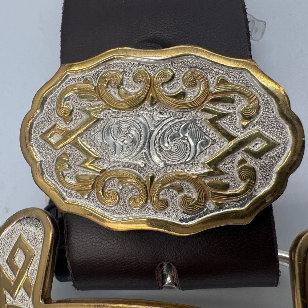 Crumrine Western Barrel Racer Belt Buckle Set Silver Gold Plate‎ Filigree USA